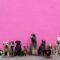 lots of dogs next to pink wall